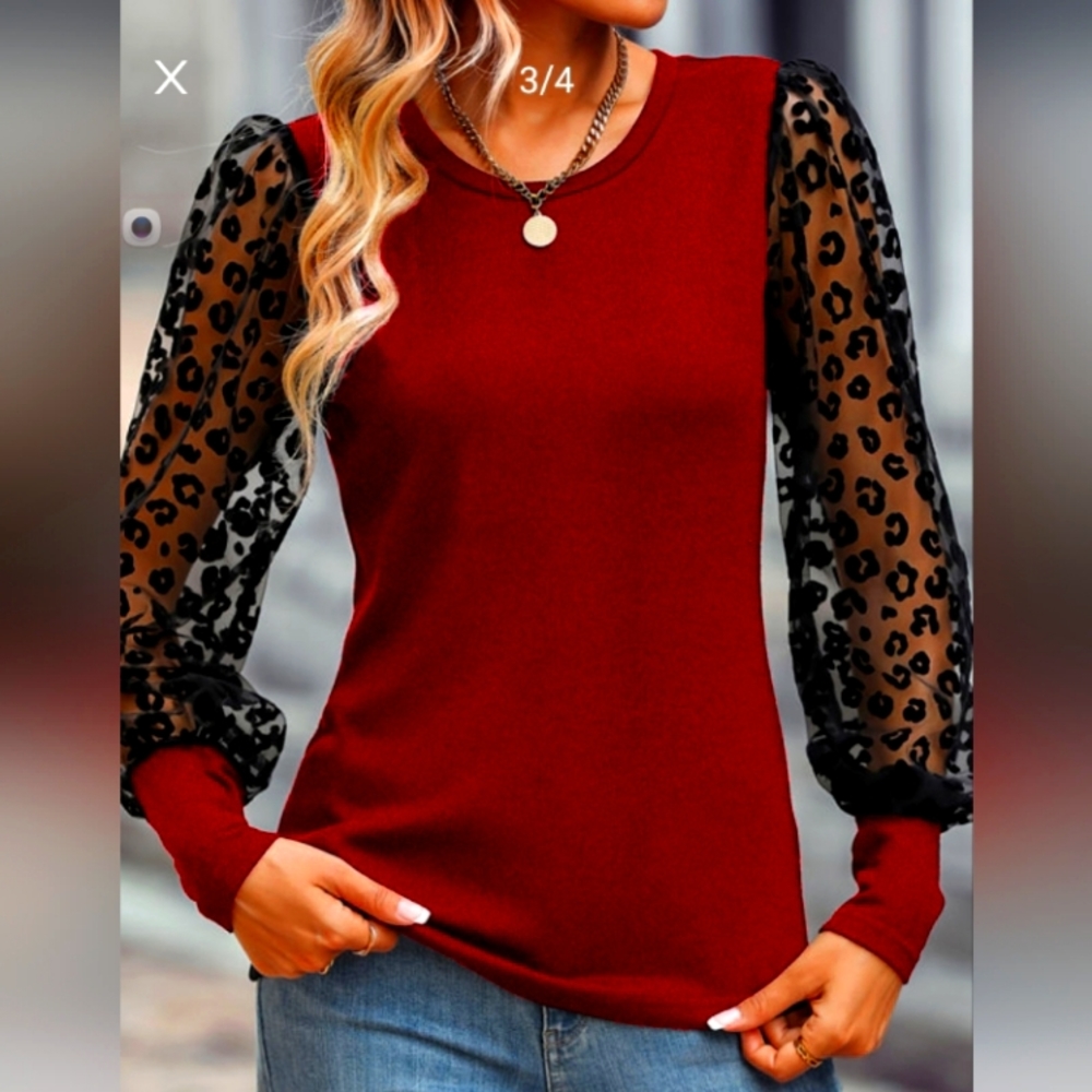 Red Mesh Puff Sleeve Top